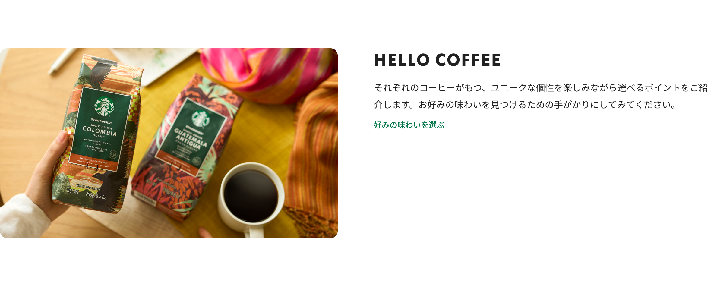 2種のコーヒー豆から今日飲むコーヒーを選んでいる様子。「HELLO COFFEE それぞれのコーヒーがもつ、ユニークな個性を楽しみながら選べるポイントをご紹介します。お好みの味わいを見つけるための手がかりにしてみてください。」好みの味わいを選ぶ