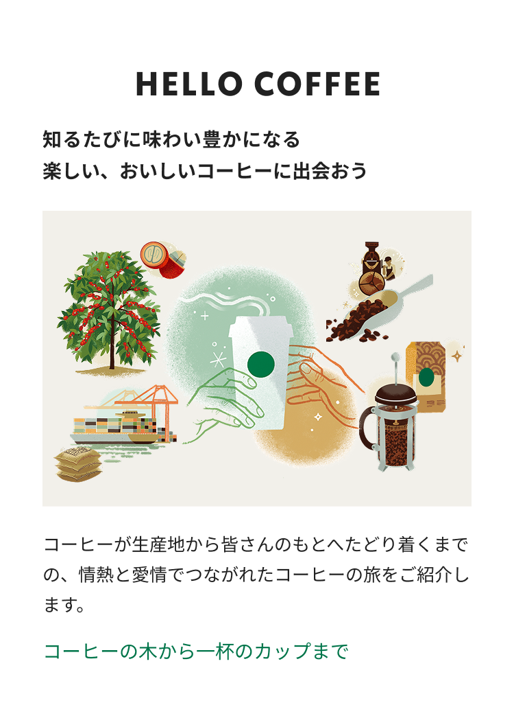コーヒーチェリーを収穫してから皆様の手元にコーヒーが届くまでの過程を表現したイラスト。「HELLO COFFEE　知るたびに味わい豊かになる楽しい、おいしいコーヒーに出会おう。コーヒーが生産地から皆さんのもとへたどり着くまでの、情熱と愛情でつながれたコーヒーの旅をご紹介します。」コーヒーの木から一杯のカップまで