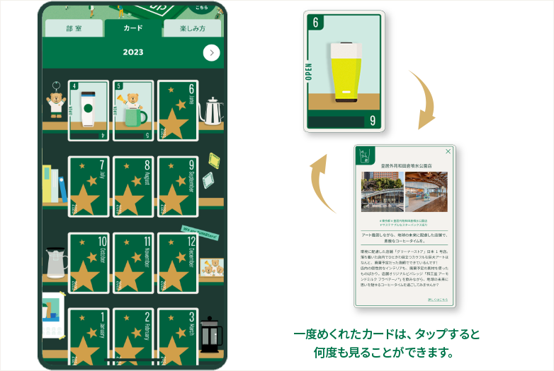 タンブラー部月別カードページのキャプチャ。一度めくれたカードは、タップすると何度も見ることができます。