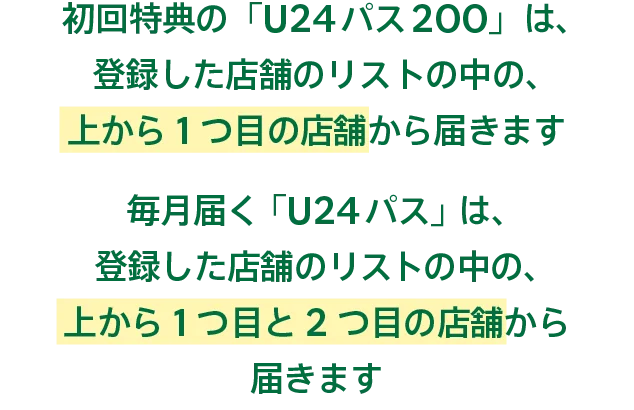初回特典の「U24パス200」は、登録した店舗のリストの中の、上から1つ目の店舗から届きます 毎月届く「U24パス」は、登録した店舗のリストの中の、上から1つ目と2つ目の店舗から届きます