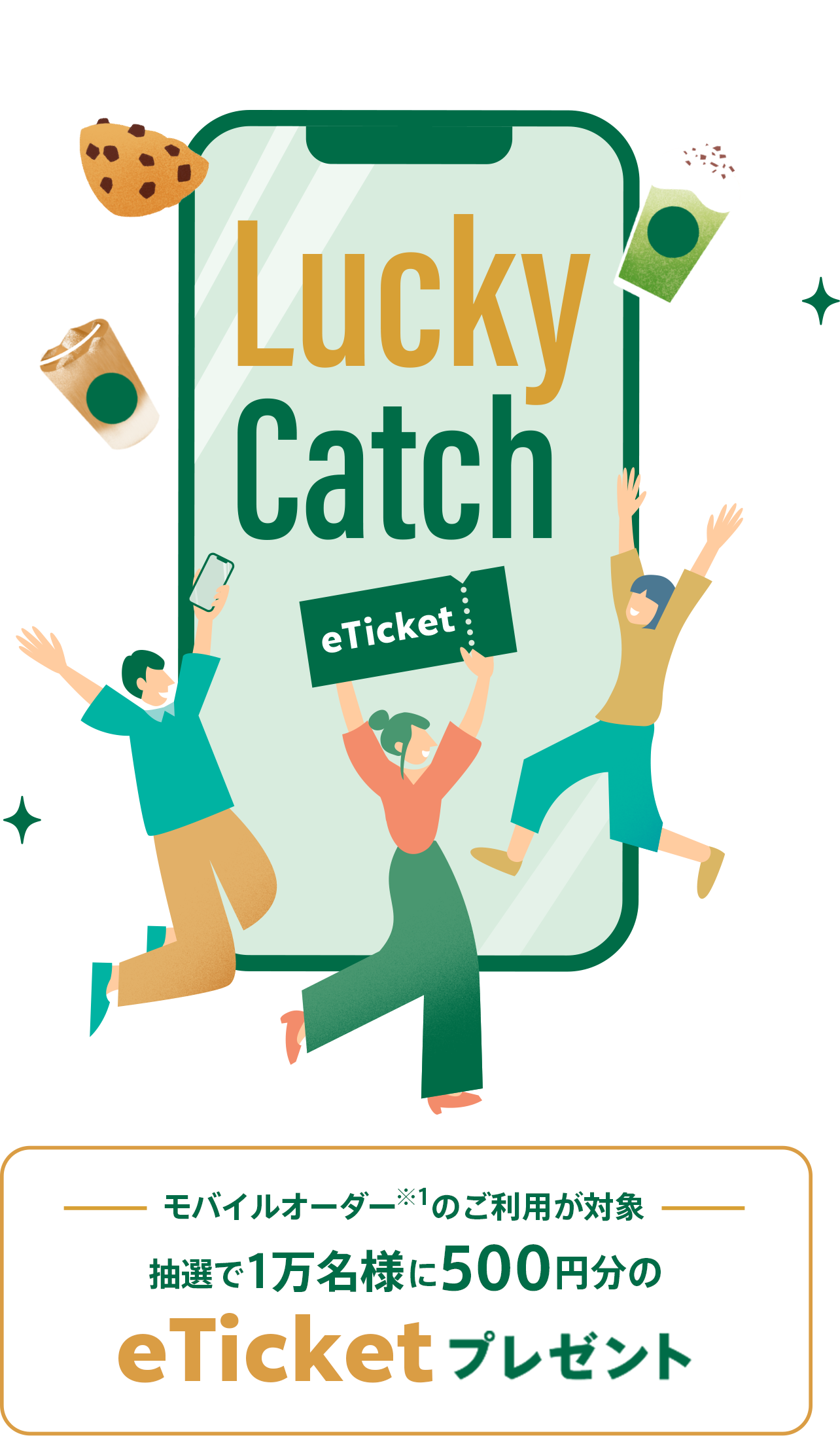 Lucky Catch eTicket モバイルオーダー※1 のご利用が対象 抽選で1万名様に500円分のeTicketプレゼント